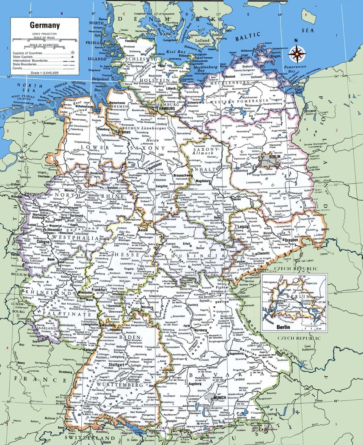 Německo, hlavní města, mapa