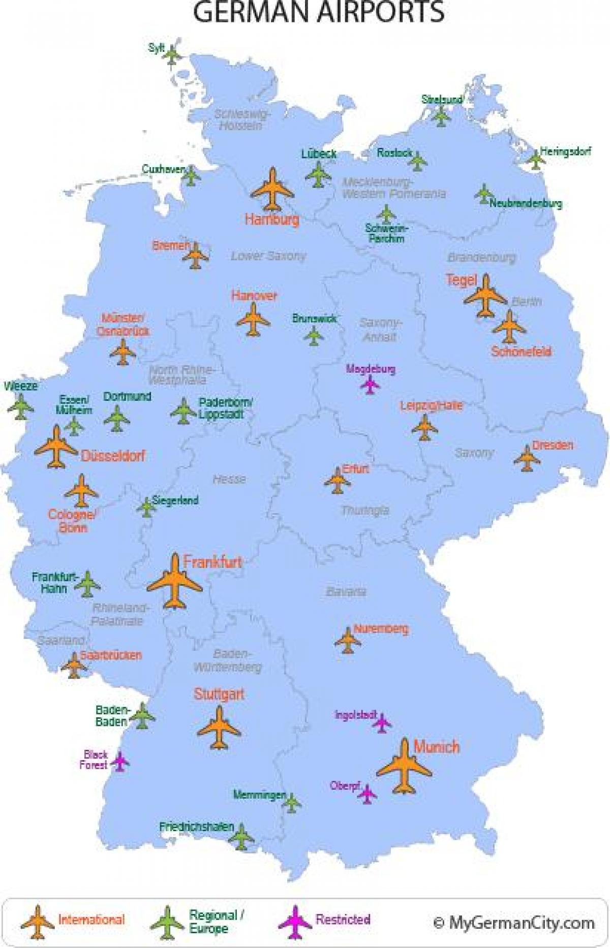 hlavní letiště v Německu mapě