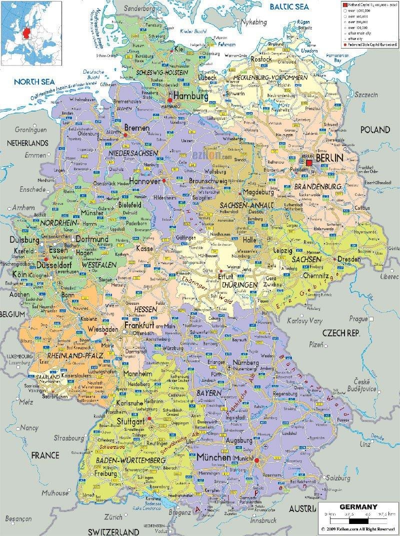 silniční mapa Německa s městy a měst