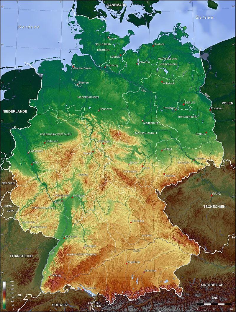 mapa Německa nadmořská výška