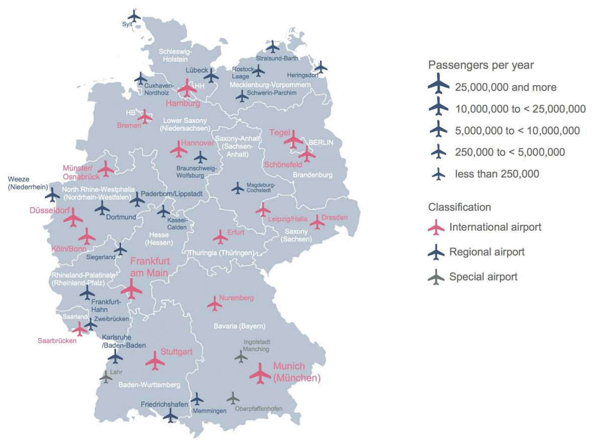 mapa Německa ukazuje letišť